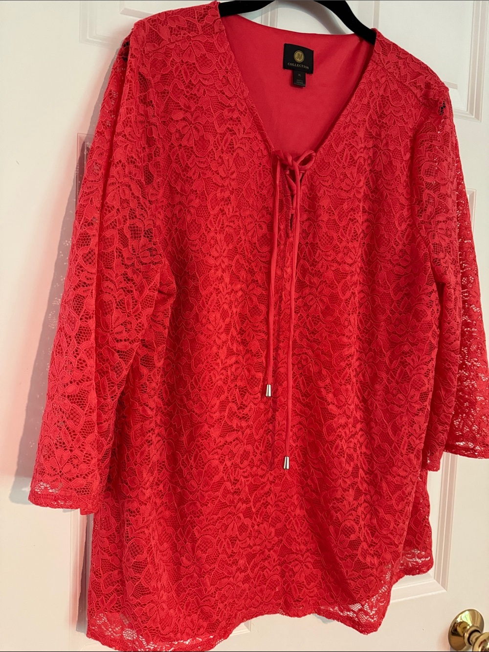 JM Collection Coral Lace Tie-Neck Top